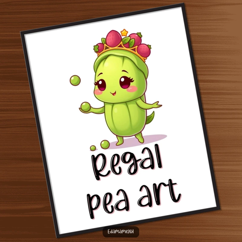 Funny digital art print featuring a crowned edamame pod juggling peas, ready to add a whimsical and humorous focal point to your space.