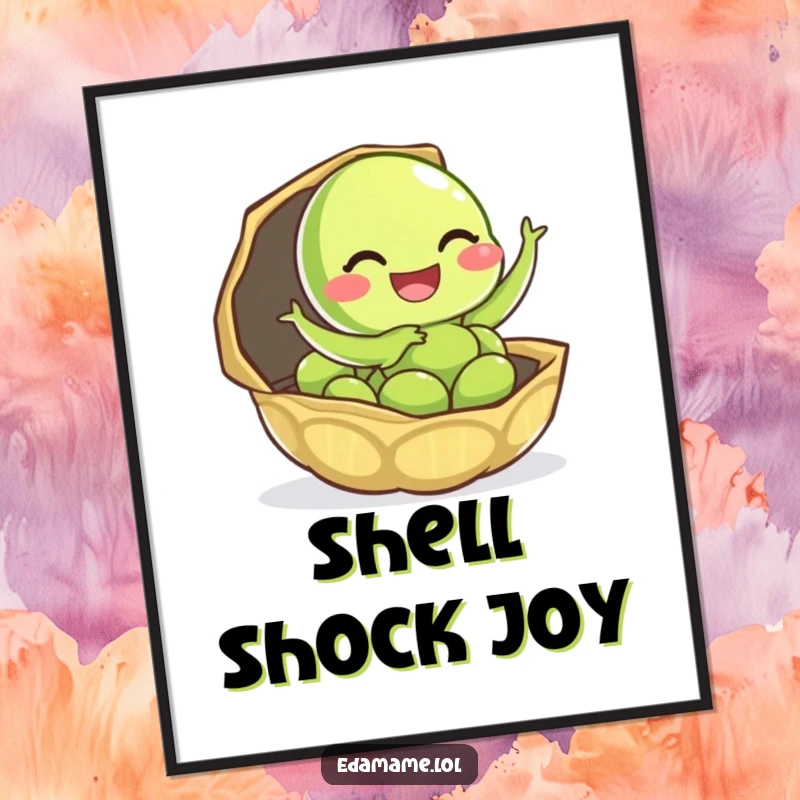 Funny edamame digital art print of a giggling character leaping from its shell, perfect for instant joyful decor.