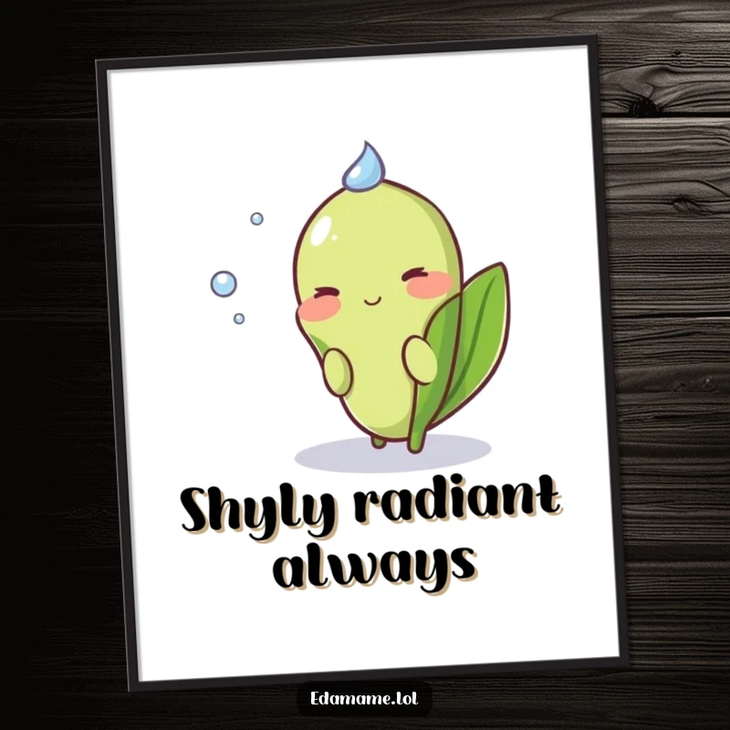 Funny Shy Edamame Digital Art Print of a blushing pod peeking shyly from behind a dewdrop, sweet and humorous.