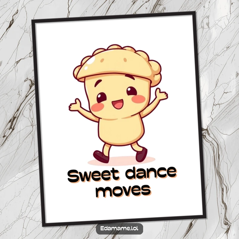 Funny digital art print of a pie character doing a silly jig, creating humorous, festive, and delicious wall decor.