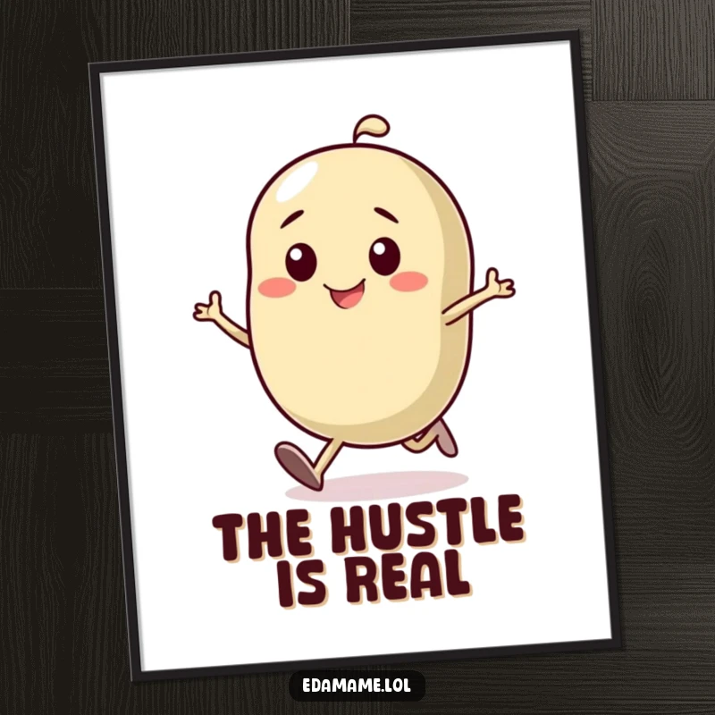 Funny digital art print of a determined bean character running with a smile, capturing humorous motivation and drive.