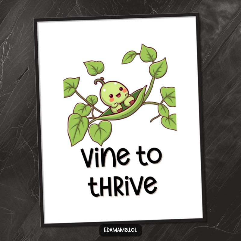 Funny pea pod digital art print of a happy anthropomorphic pod sliding down a leafy vine, perfect instant decor.