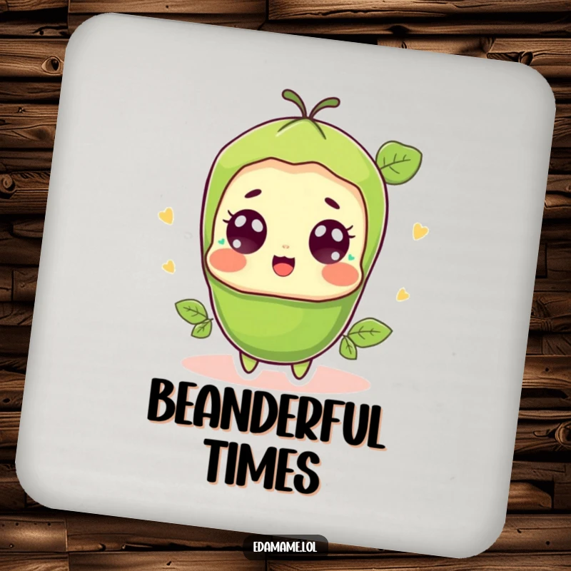 Funny surprised edamame pod coaster, featuring a cute bean character with wide, shocked, happy eyes protecting surfaces.