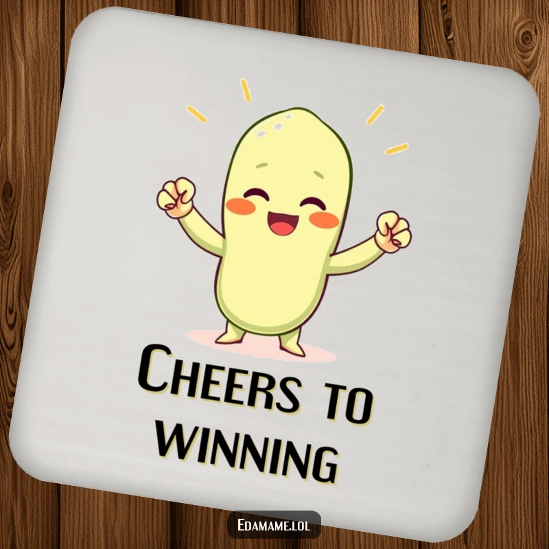 Funny cheering edamame bean coaster, featuring a small green bean character with tiny fists raised in a victorious, protective stance.