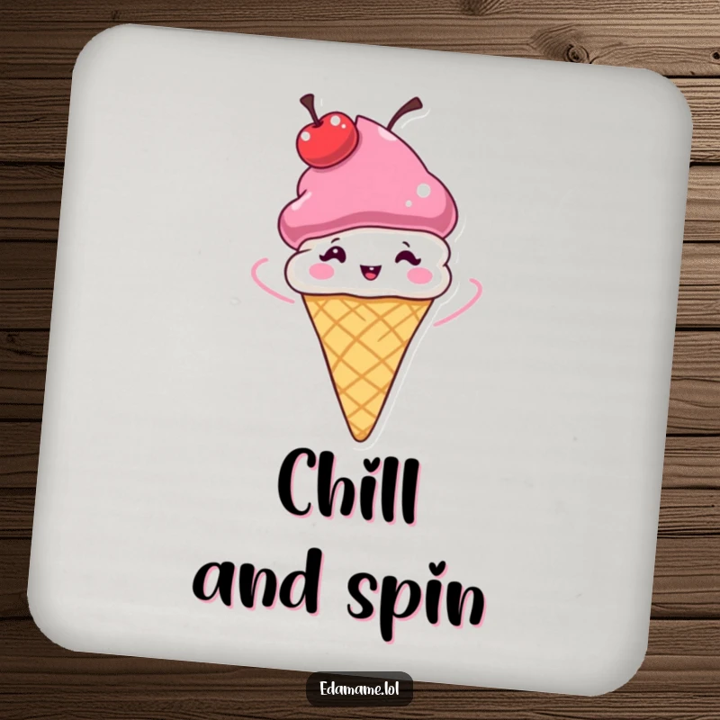 Funny Ice Cream Cone Coaster with a cherry hat spinning, protecting surfaces with a humorous and cheerful design.