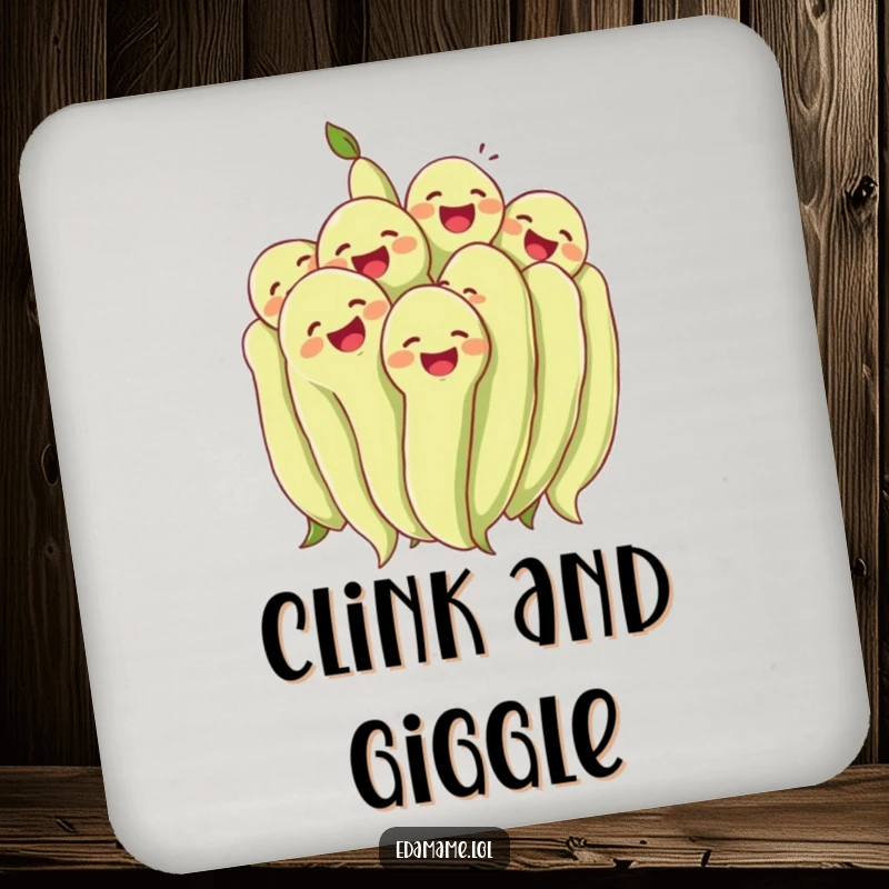 Funny cluster of edamame beans laughing together heartily on a durable drink coaster. Cheerful and humorous, perfect funny gift.