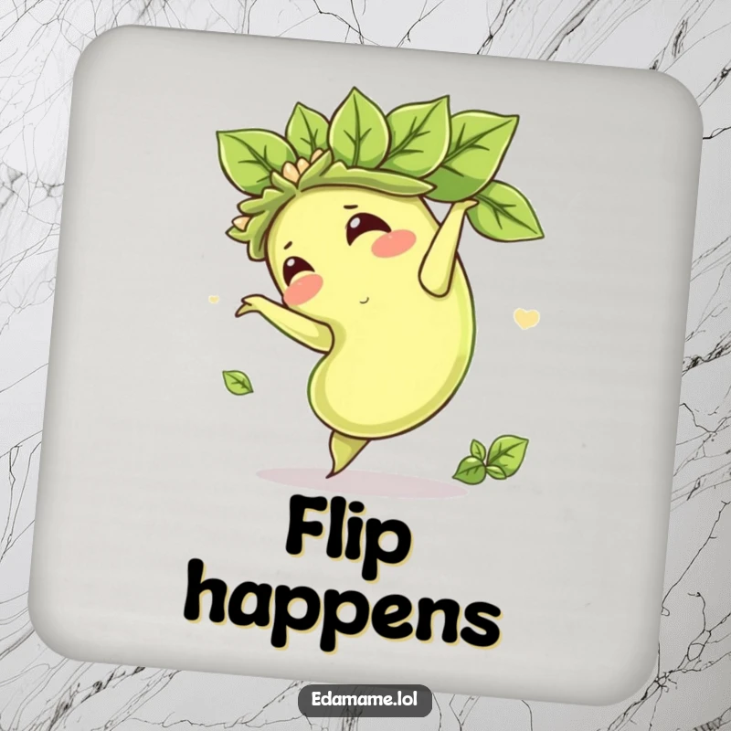 Funny drink coaster featuring a green edamame bean in a leafy crown performing a playful somersault, adding a touch of humor to any table.