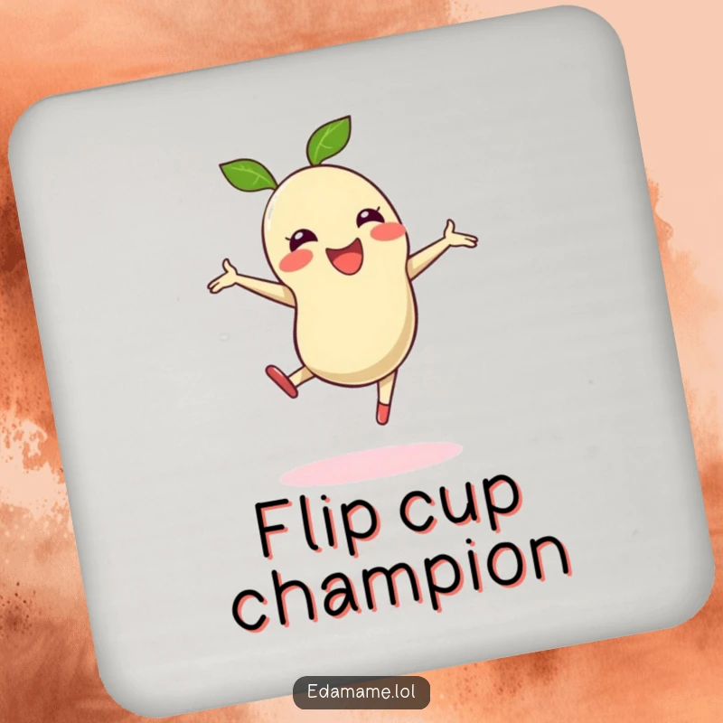 Funny drink coaster showcasing an edamame bean in a joyful cartwheel, protecting surfaces with energetic flair.