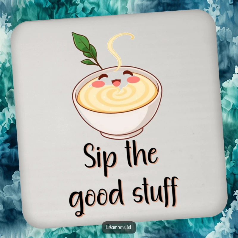 Funny drink coasters featuring a gleeful dashi broth character swirling happily in a bowl, protecting surfaces with a dash of umami.