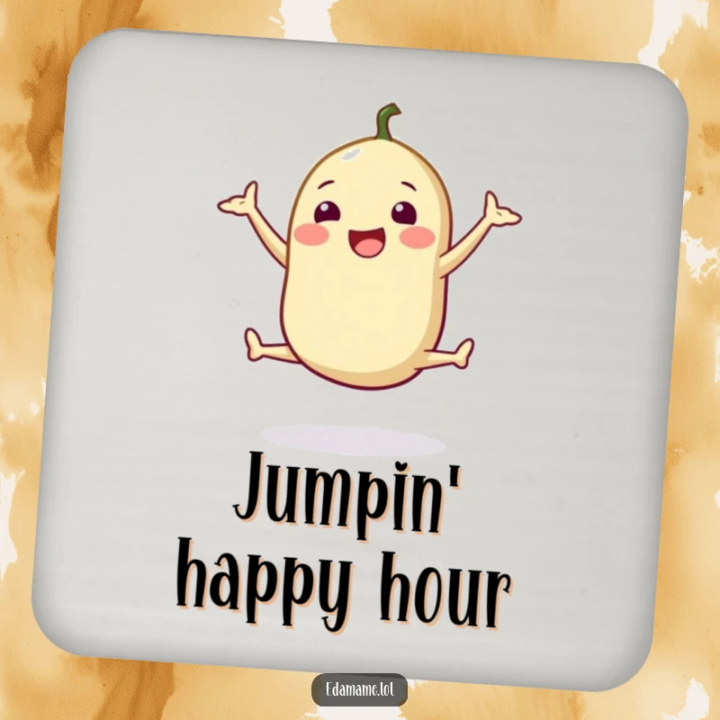 Funny drink coaster featuring a happy edamame pod doing a cheerful split jump, protecting surfaces with healthy charm.