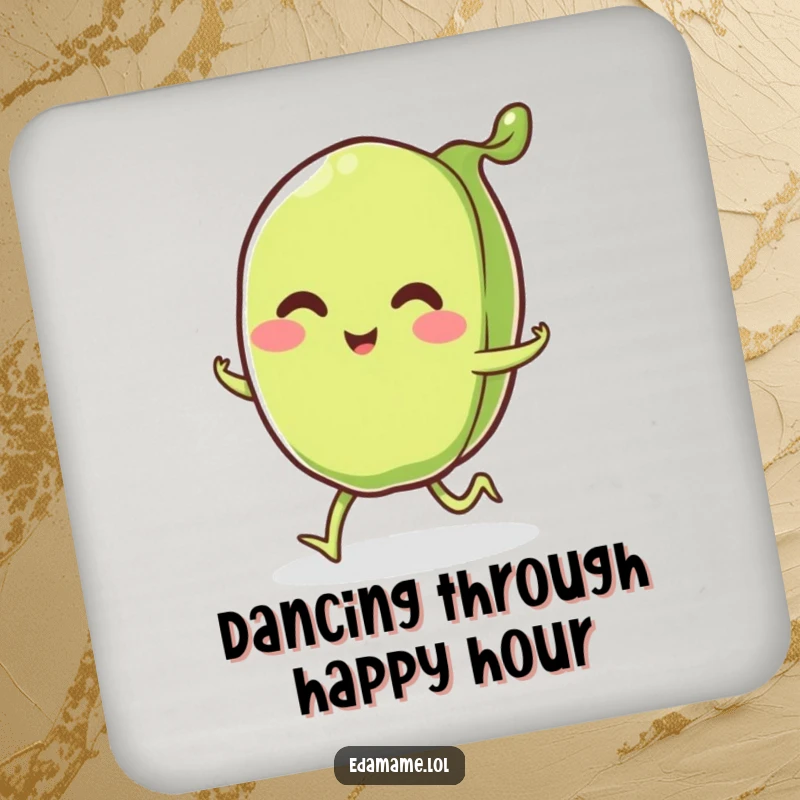 Funny smiling edamame pod with little legs happily skipping, on drink coasters, adding a cheerful and funny touch to tabletops.