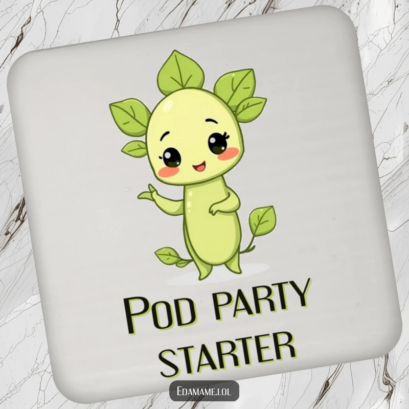 Funny drink coaster with a proud edamame sprout striking a confident pose, protecting furniture with a humorous, healthy design.