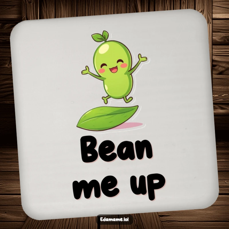 Funny green bean character bouncing on a leaf, designed as a protective and humorous drink coaster.