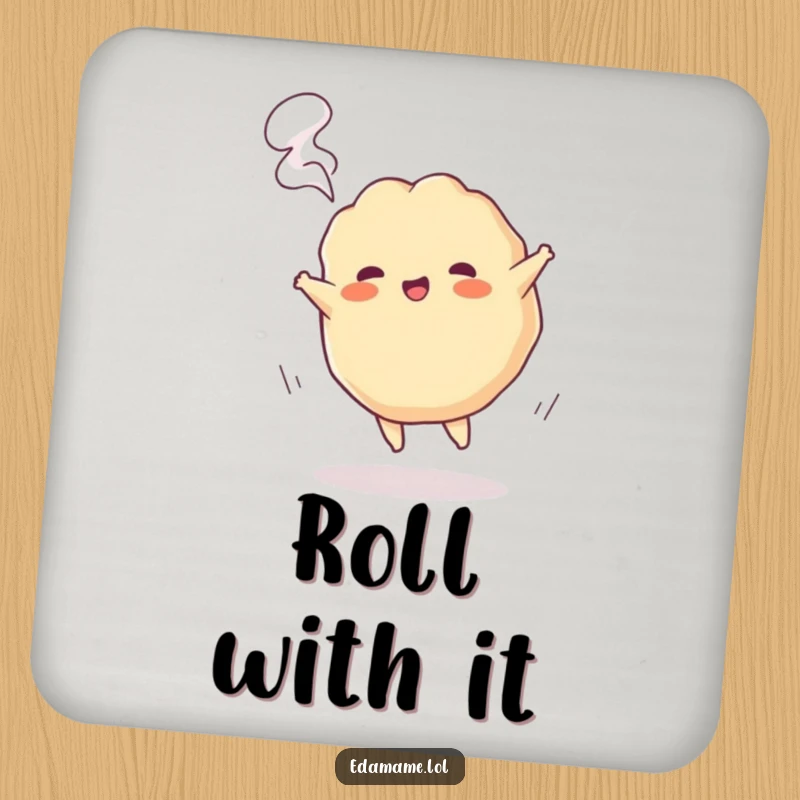 Funny drink coaster showing a playful gyoza character cartwheeling with steam, adding energetic fun to any surface.