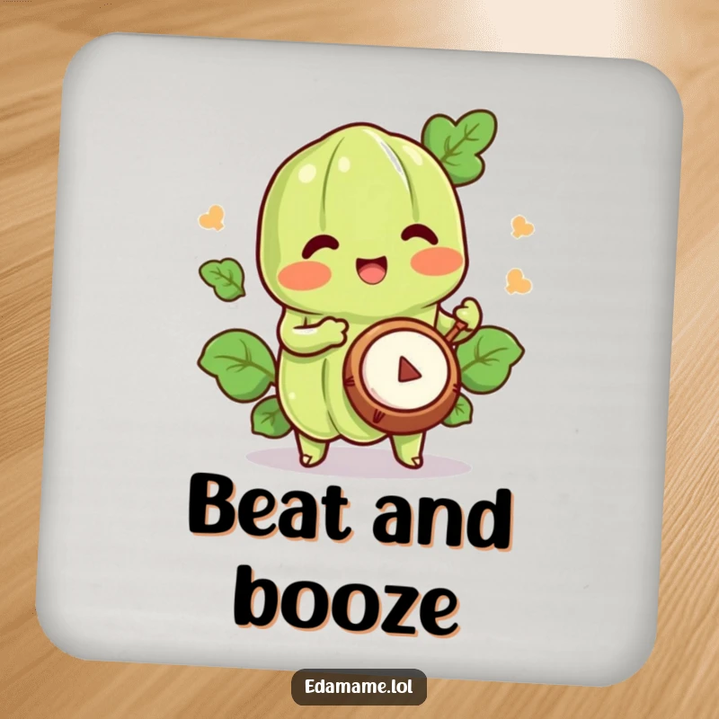 Funny edamame drink coaster showing a happy character playing a tiny drum, perfect for surface protection.