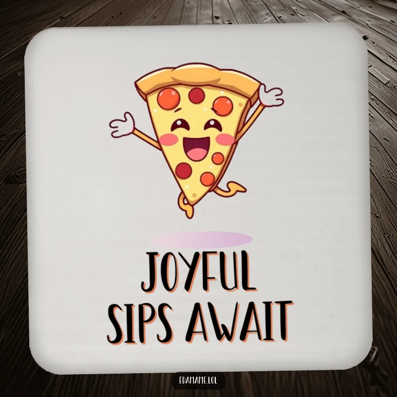 Funny Pizza Slice Drink Coasters featuring a happy character jumping for joy, protecting tables with humor.