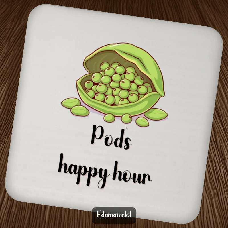 Funny drink coaster with a large edamame pod protecting smaller beans, ensuring safe drinks.