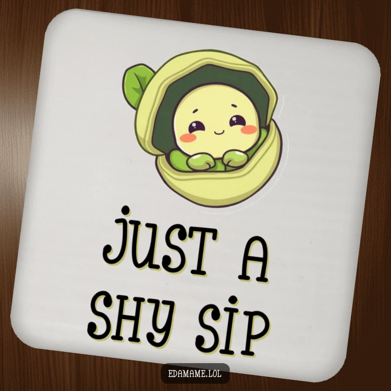 Funny drink coaster with a shy edamame bean peeking from a pod, adding gentle humor and protection.