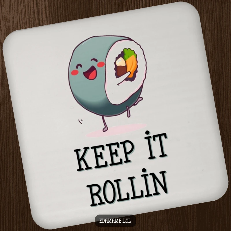 Funny Sushi Roll Coasters with a delighted Sushi doing a cartwheel, a humorous and practical set