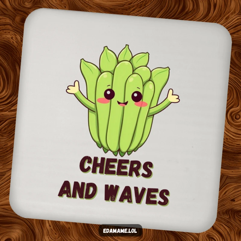 Funny drink coaster with a cheerful edamame cluster waving, protecting surfaces humorously.