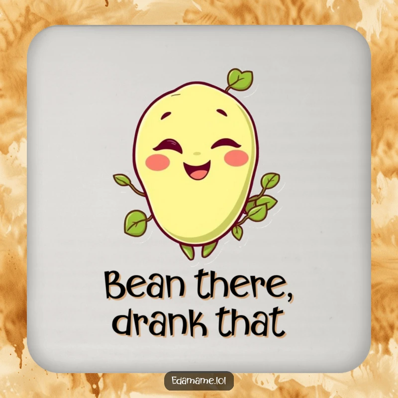 Funny drink coaster showcasing a happy, winking edamame bean, protecting surfaces with a smile.