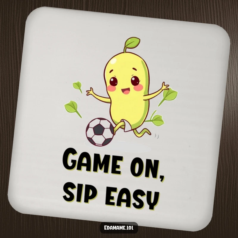 Funny drink coaster featuring a happy edamame bean kicking a tiny soccer ball, adding a playful touch.