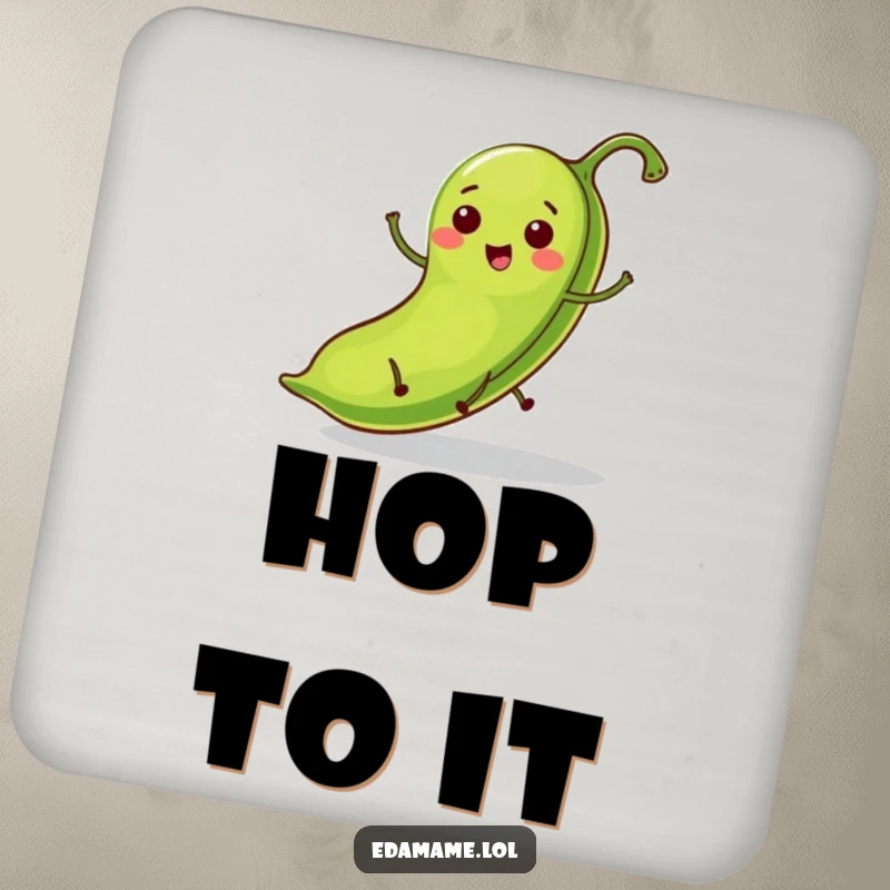 Funny coaster featuring a bright green bean pod with tiny legs in a happy hop, protecting tables with charm.