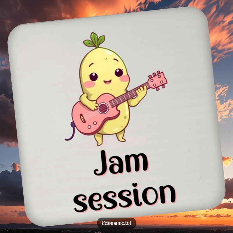 Funny drink coaster featuring an edamame bean rocking out on a miniature guitar, providing a cool and protective surface.