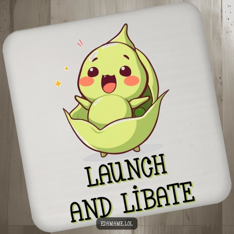 Funny edamame drink coaster showing a surprised character launching from its pod, perfect for surface protection.