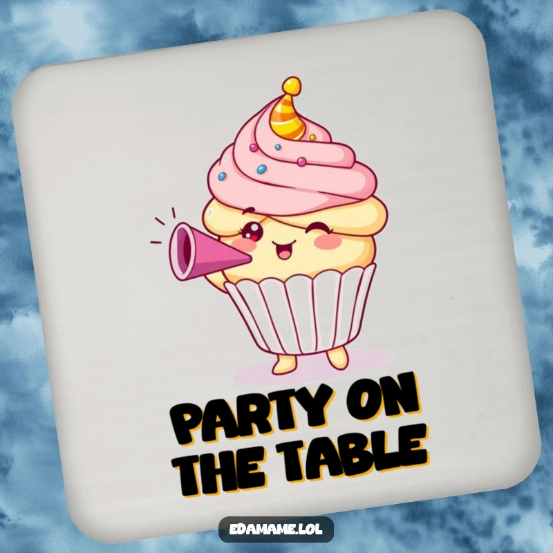 Funny Cupcake Drink Coasters featuring a joyful character blowing a party horn, protecting tables with humor.