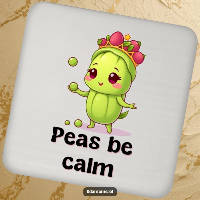 Funny drink coaster depicting an edamame pod wearing a berry tiara, juggling small peas, adding a playful vibe to any setting.