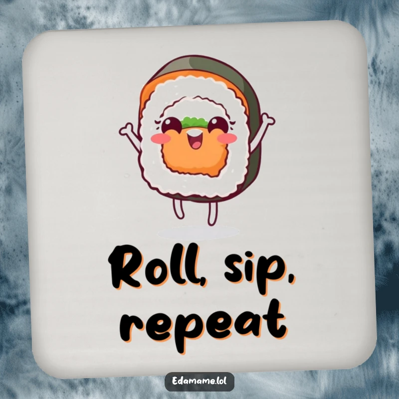 Funny drink coaster with a cheerful sushi roll on a face dancing, offering protection and a playful sushi-themed accent.