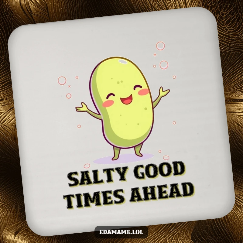 Funny drink coaster featuring a happy edamame bean juggling salt crystals, perfect for protecting surfaces with a savory and humorous design.