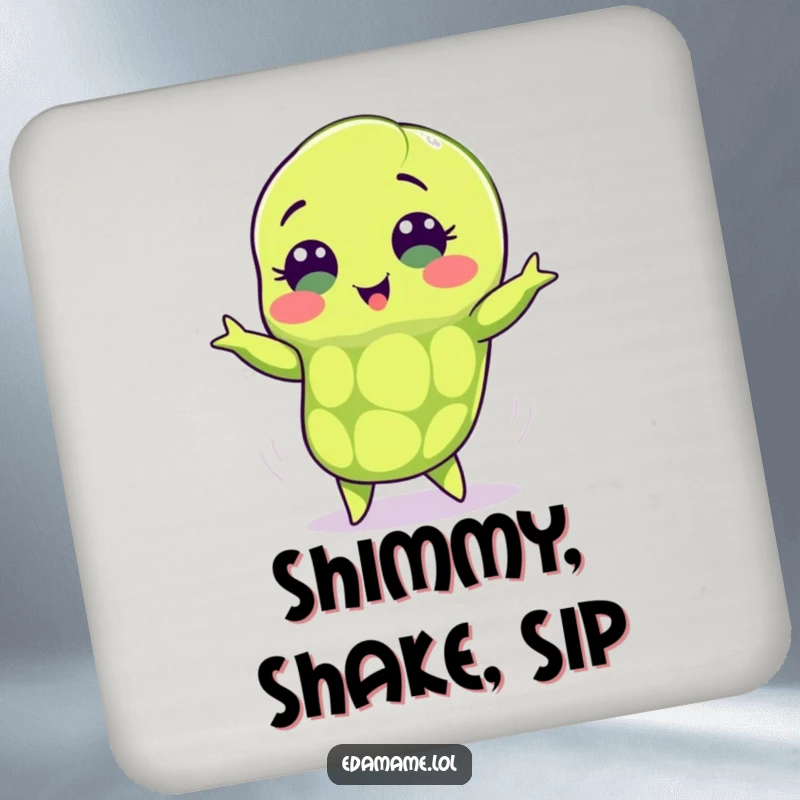 Funny edamame coasters showing a green bean pod with sweet eyes doing a happy shimmy, providing humorous and practical surface protection.