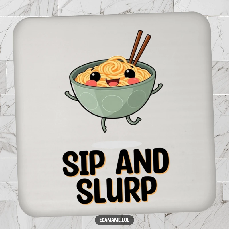 Funny drink coaster with a smiling ramen bowl on legs skipping, offering protection and a cheerful noodle-themed accent.
