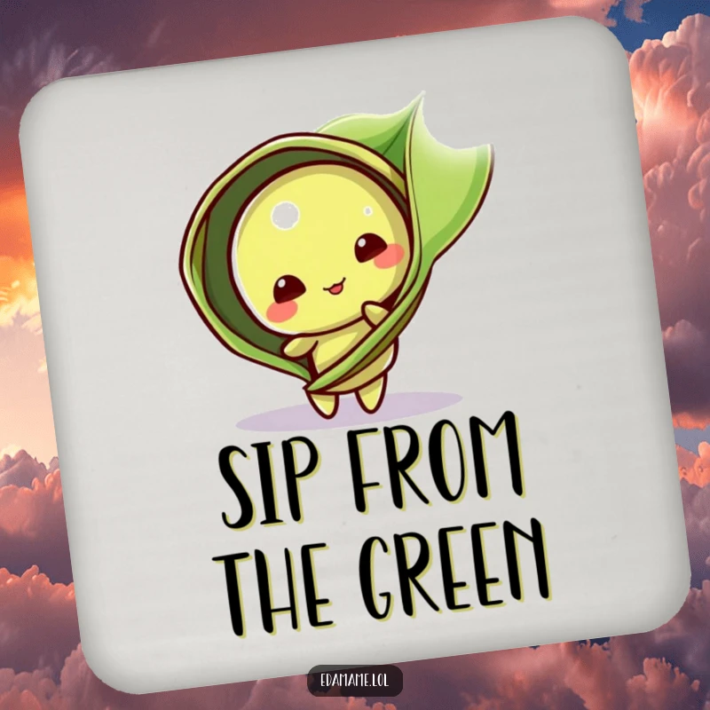 Funny Drink Coaster: A playful edamame pod character peeks from behind a leaf, adding cute humor and surface protection.