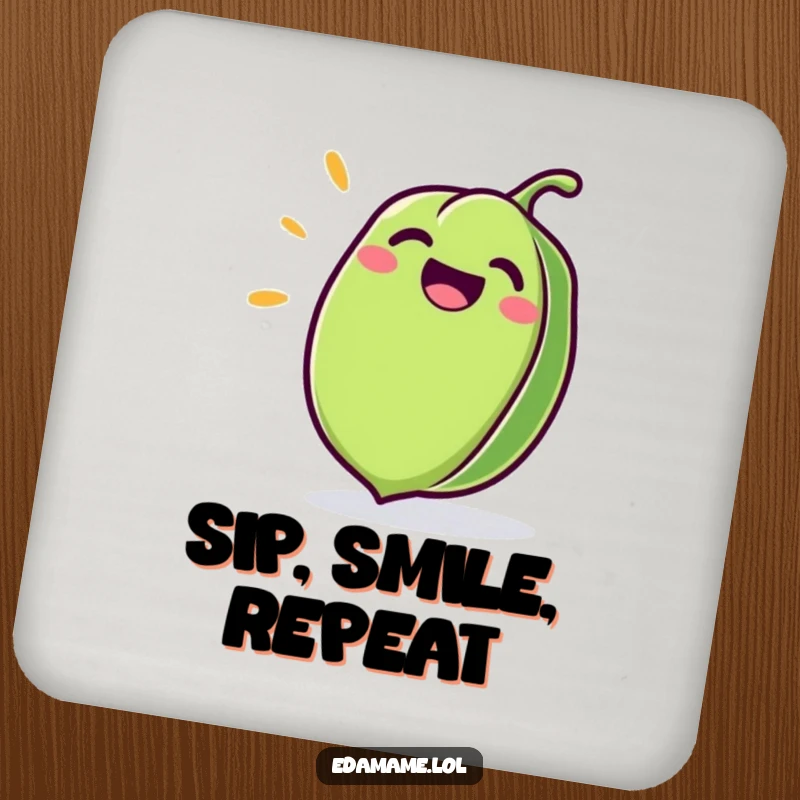 Funny Edamame Coaster showcasing a happy, giggling green pod, protecting surfaces with style.