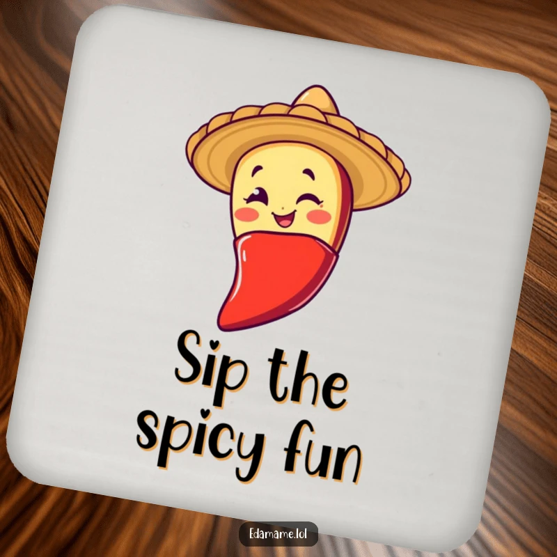 Funny drink coaster with a winking taco character sliding down a chili pepper, offering protection and a playful, spicy food-themed accent.