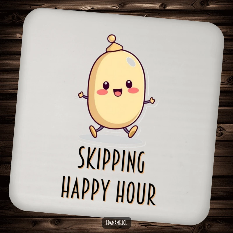 Funny Drink Coaster: A cheerful bean character with a tiny hat skipping, offering surface protection with a happy and humorous design.