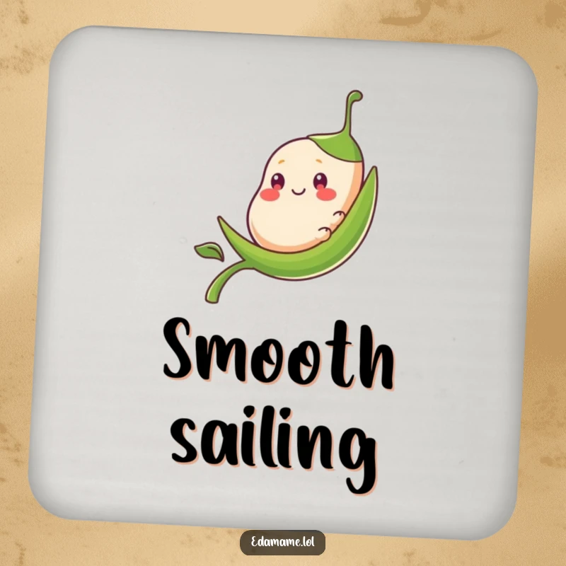 Funny smiling bean pod character sliding down a stalk, designed as a protective and humorous drink coaster.