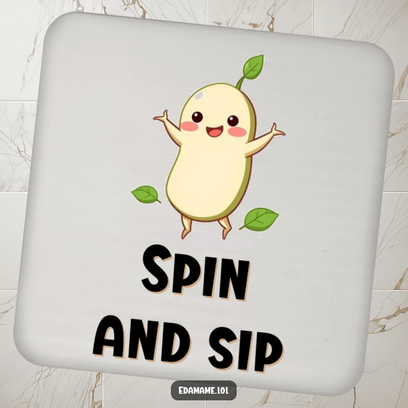 Funny coaster featuring an edamame bean in a cartwheel pose, adding a splash of humor and protecting your tables.