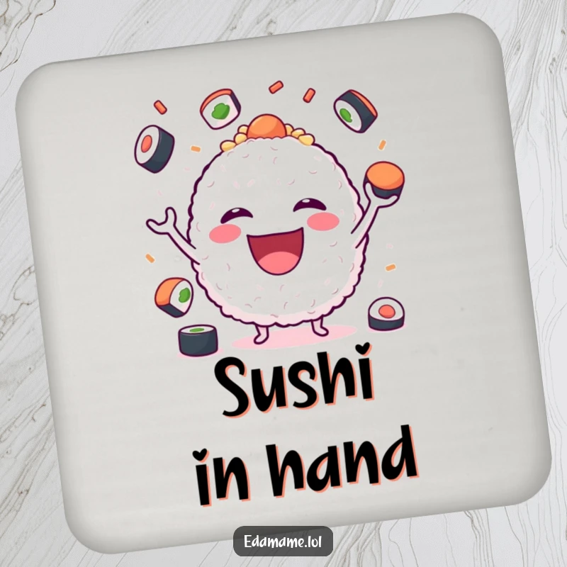 Funny Coaster with a joyful rice ball juggling sushi, adding a protective and humorous element to any surface.