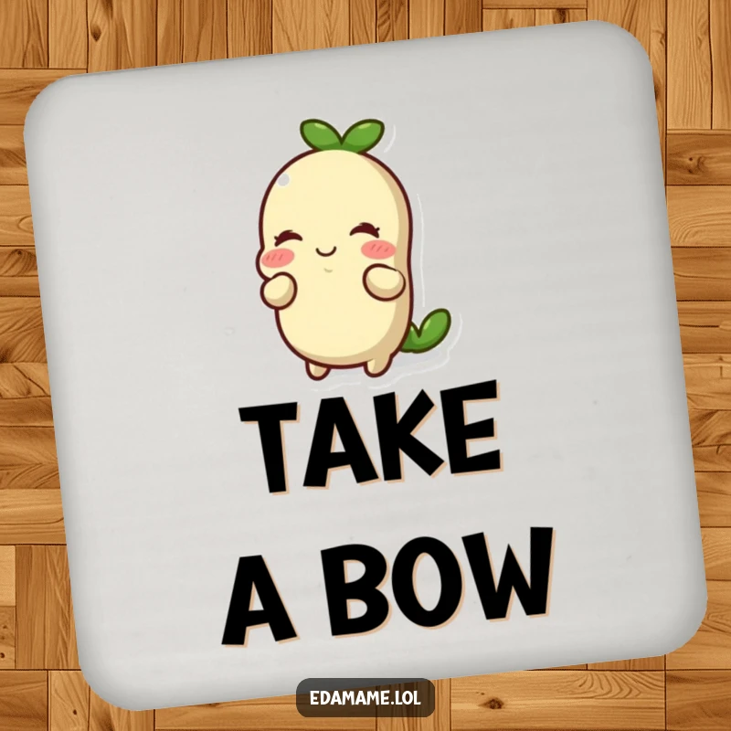 Funny smiling edamame bean doing a respectful bow on a durable drink coaster. Chic and humorous, perfect funny gift.