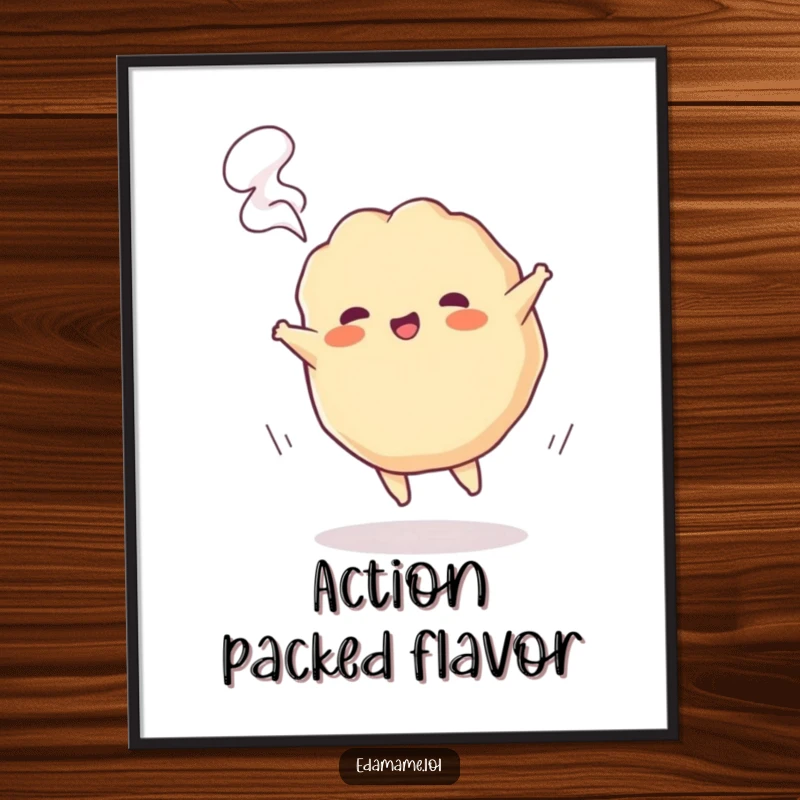 Funny poster featuring a playful gyoza character performing a cartwheel with steam puffing out, capturing kinetic culinary joy.