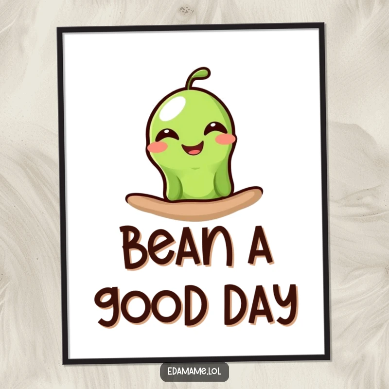 Funny edamame poster showcasing a single green bean peeking out with a wide, beaming grin, perfect for cheerful and humorous wall art.