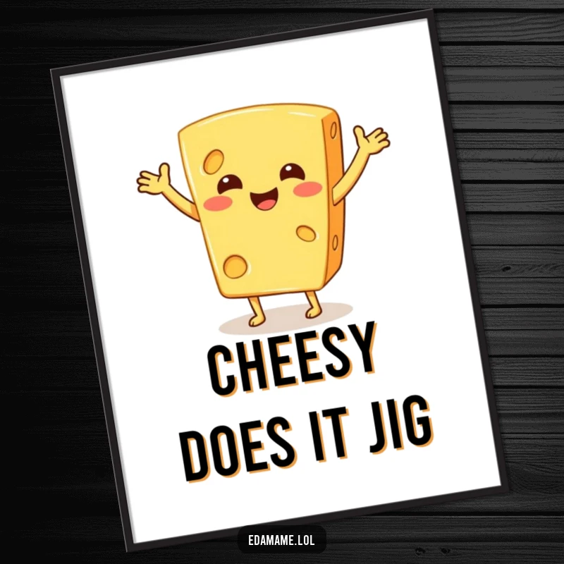 Funny poster print of a smiling cheese character enthusiastically performing a silly jig, bringing whimsical humor to any wall.