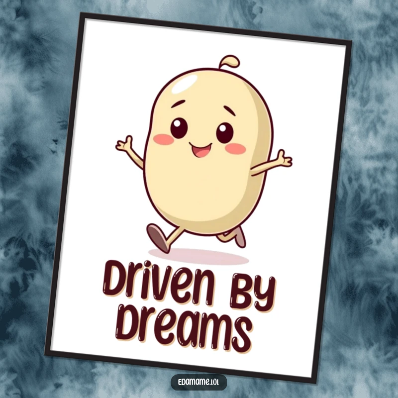 Funny poster of a determined bean character running with a smile, showcasing humorous motivation and a goal-oriented spirit.