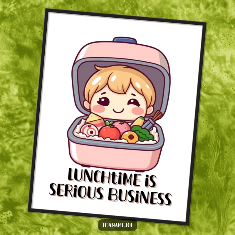 Funny poster of a smiling bento box character presenting its miniature, joyful food items, adding a touch of cute culinary art to any room.