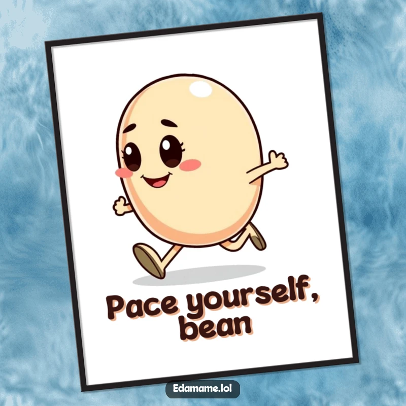 Funny poster art of a smiling bean character running with fierce determination, ideal for inspiring any workout space.