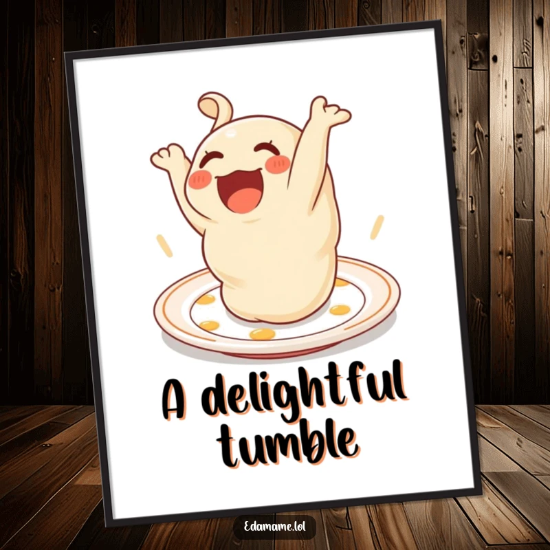 Funny Poster of a delighted dumpling character doing a happy somersault on a plate, a whimsical food illustration.